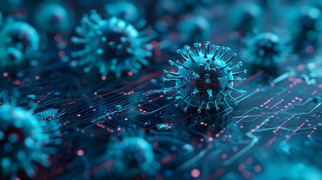 Cyber hygiene concept cyber security, virus on circuit board, medicine molecular structure cancer high-scale magnification communication