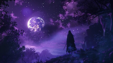 A lone figure stands on a hilltop, gazing at a purple moon