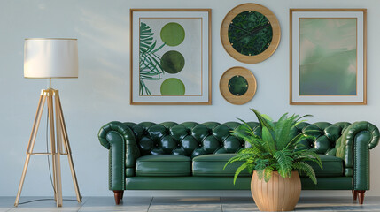 Trendy living room with an emerald leather couch, round art frames, and a wooden tripod lamp.
