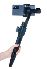 steadicam stabilize for camera mobile phone in hand on white background isolation