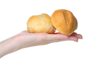 Fresh buns loaf bread in hand on white background isolation