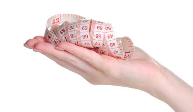 Centimeter measure tape in hand on white background isolation