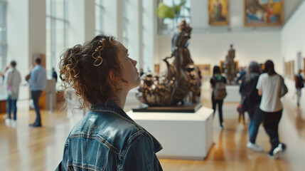 A woman observing a sculpture in a museum.