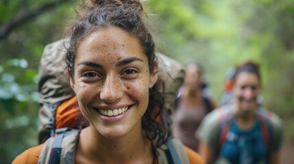 A happy woman wearing backpack and water on her face, smiling with cool water drops on her nose, eyebrows, eyelashes, and jaw, enjoying her travel adventure with stylish eyewear. AIG41