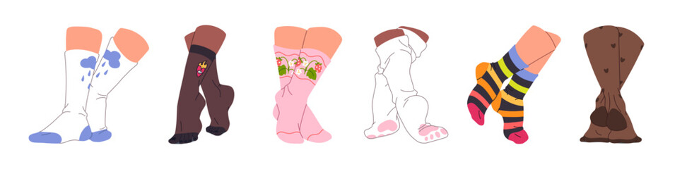 Row of women's legs in hosiery in different poses: on toe, tiptoe, walk, stand. Set of feet in various patterned socks, stocking, nylon tights. Flat isolated vector illustrations on white background