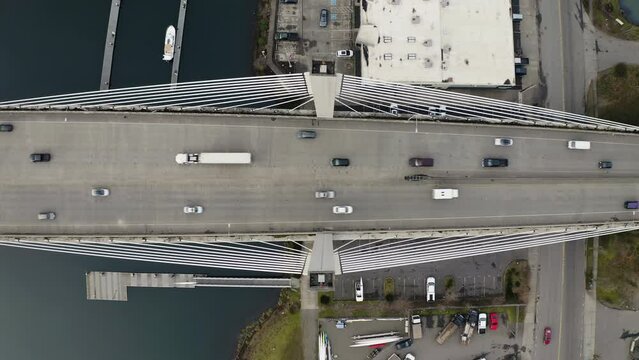 Traffic At East 21st Street Bridge Over Thea Foss Waterway In Tacoma, Washington. - aerial static shot