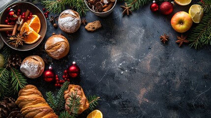 Festive Christmas decoration with red balls and fir branches for a holiday celebration