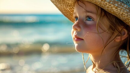 A happy little girl, wearing a sun hat, is standing on the beach looking at the azure ocean. Her fedora hat matches the color of the sky AIG50