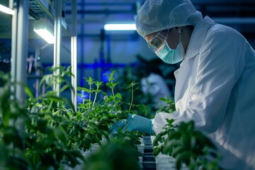 Scientist examining plants in a laboratory