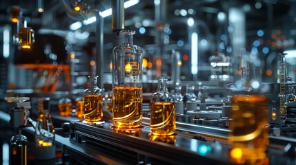 A detailed scene of an automated chemical processing line featuring fluid samples in glass containers under soft, glowing lights.