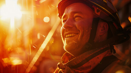 A candid portrait of a brave smiling firefighter in a hard hat. The idea of happiness