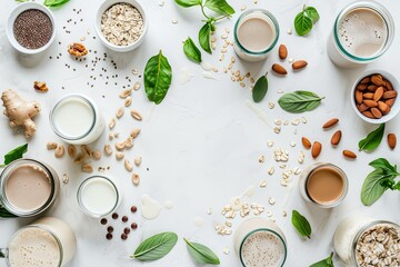 Different vegan milks and ingredients on white background flat lay
