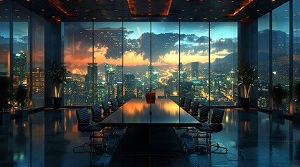 Construct an image of a high-powered boardroom meeting, characterized by sleek aesthetics, advanced...