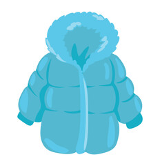 Cute winter blue jacket in flat design. Seasonal child warm outerwear. Vector illustration isolated.