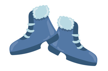 Winter blue shoes in flat design. Seasonal warm footwear with fur. Vector illustration isolated.