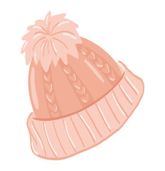 Warm knitted hat in flat design. Seasonal headwear of beanie with pompom. Vector illustration isolated.
