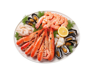 A fresh seafood platter featuring prawns, crab, oysters, and lemon slices garnished with parsley. Generative AI