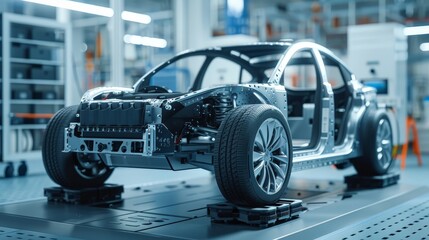 Precision engineering of an electric car chassis on a factory assembly line, showcasing advanced automotive design and technology.