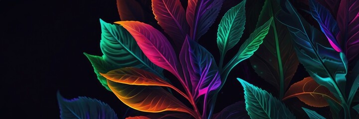 Neon light with tropical leaf summer background. Close up of bright neon leaves background. Close-up of bright neon colored leaves as an abstract background. Neon leaf background