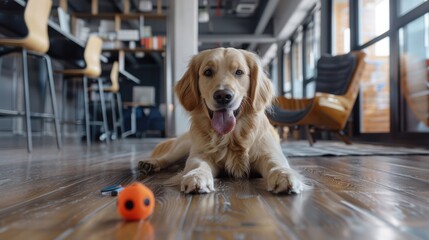 An enchanting image of a dog playing with a toy in the middle of an open-plan office, bringing joy and laughter to the workday on Take Your Dog to Work Day.