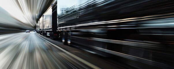 Dynamic shot of speeding truck convoys on a highway, emphasizing motion and transport logistics