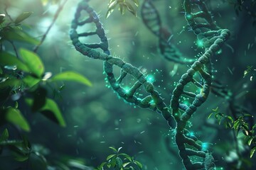 Fototapeta premium Illuminated DNA Strands in Mystical Forest