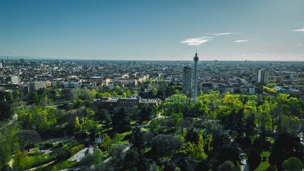 Beautiful view of the Branca Tower and the city park. Aerial view photo of famous Sempione park in...