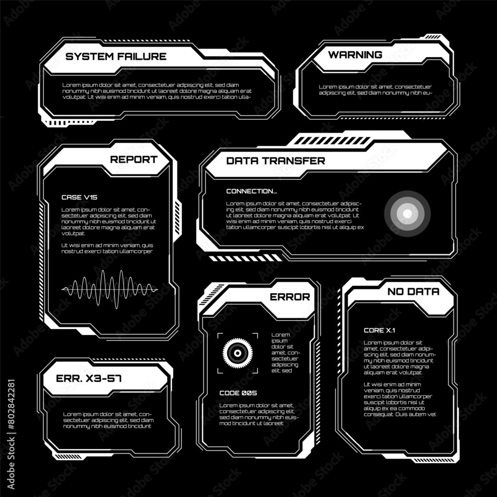 Poster White futuristic HUD, UI elements. Sci-fi user interface text boxes, callouts. Warning message frames, information boxes template. Modern game interface layout in digital style. Vector illustration