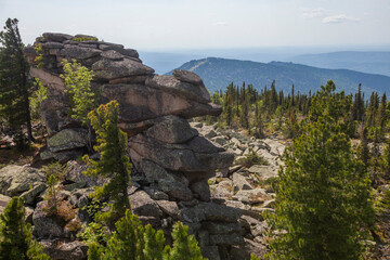 Remnants pillars on Mount Zelenaya. Sheregesh, Russia