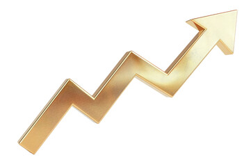 Gold up arrow success isolated on white 3d background with growth direction graph graphic symbol or golden economy stock profit chart icon element and investment financial achievement market