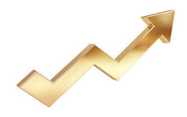 Gold up arrow success isolated on white 3d background with growth direction graph graphic symbol or golden economy stock profit chart icon element and investment financial achievement market