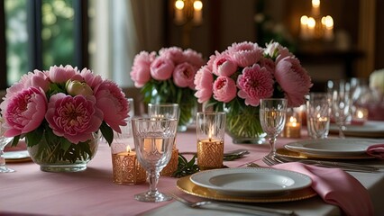 Holiday tablescape, formal dinner table setting, peony flowers table scape with peonies decoration for wedding party and event celebration, generative ai