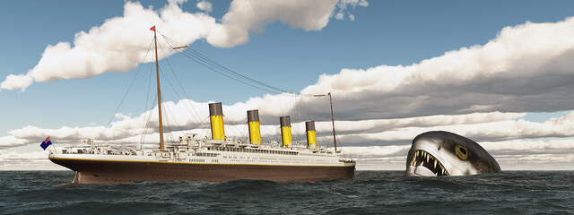 Historisches Passagierschiff RMS Titanic und Seeungeheuer