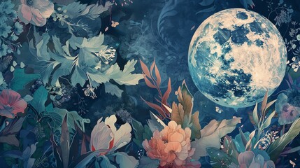 A beautiful painting of a moonlit garden