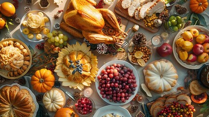 Festive feast laid out on the Thanksgiving table, a bounty of delicious dishes to enjoy with loved ones, copy space, High quality