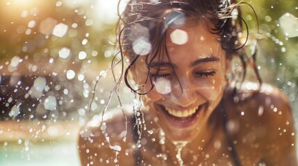 The woman is happily splashing water on her face with a smile, enjoying a fun leisure activity during a travel event AIG50