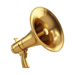 Golden megaphone white background isolated closeup, gold metal loudspeaker, loudhailer, speaking trumpet, bullhorn, announcement symbol, sound sign, attention, warning icon, advertisement illustration