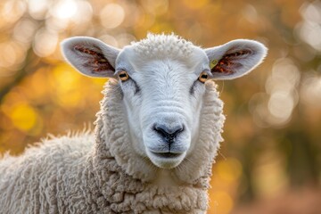 A close-up portrait of a cute, friendly sheep looking directly at the camera