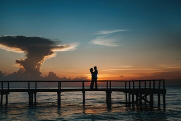 Discover the romantic silhouette of a couple embracing on a pier, the setting sun casting a warm glow around them as they watch, Generative AI