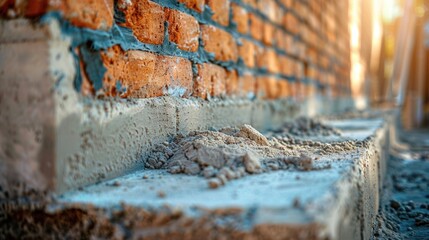 Close-up of a brick wall under construction, with a pile of sand and cement in the foreground.