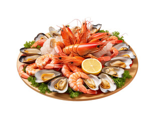 A fresh seafood platter featuring prawns, crab, oysters, and lemon slices garnished with parsley. Generative AI