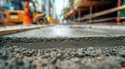Close-up of a road construction site with a blurred background of a building under construction.