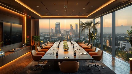 Craft an image of corporate excellence unfolding in an upscale meeting space, characterized by...