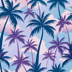 Seamless pattern of tropical palm trees swaying in a gentle breeze, Generative AI