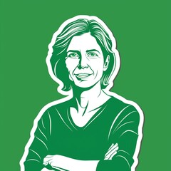 a middle-aged woman illustration style sticker with white outline on green background without any shadow or gradient.