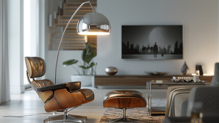 Nickel and silver glass floor lamp, sculptural design for futuristic interiors.