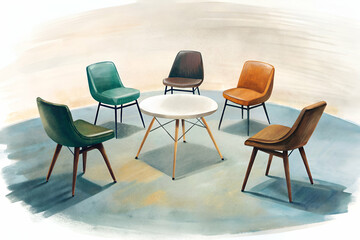 Artistic Shot of Diverse Chairs Around a Modern Table
