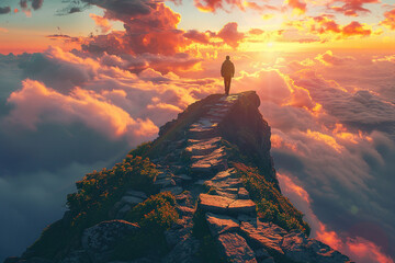 Obraz premium Silhouette of a man on top of a mountain against the background of a cloudy sky and sunset. Concept of achieving goals. Generated by artificial intelligence