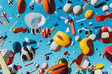 A vibrant array of abstract sports equipment in mid-air.