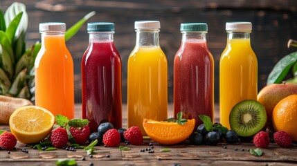 Glass bottles filled with freshly squeezed juice.